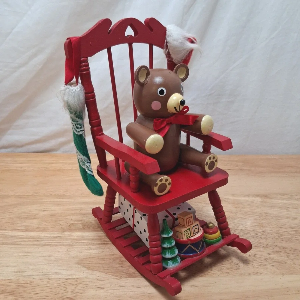 Vintage Teddy Bear Rocking Chair Musical Christmas Decor Red OS Good Pre-owned